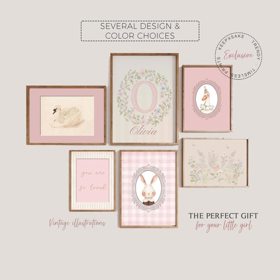 Girl Vintage Nursery Gallery Wall | Blush Pink Decor | Floral Nursery Print | Bunny Swan Gallery Art | Whimsical Nursery Art | Name Monogram