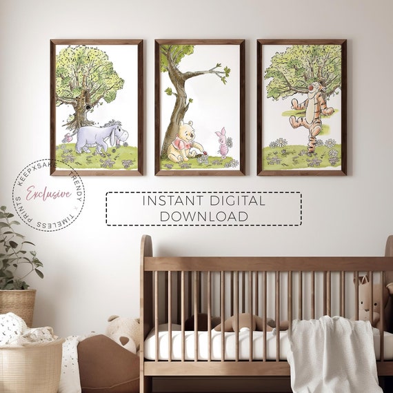 Winnie the Pooh and Friends Wall Art, Set of 3 | Eeyore, Tigger Art Prints | Pooh and Piglet Decor | Pooh Nursery Decor | Digital Download