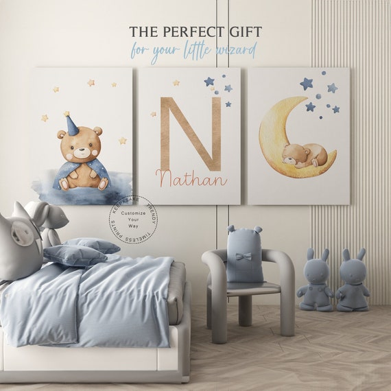 Wizard Teddy Bear Prints, Set of 3 | Wizarding Nursery Decor |Blue Brown Nursery |Moon Stars Wall Decor |Magical Nursery Decor|New Baby Gift
