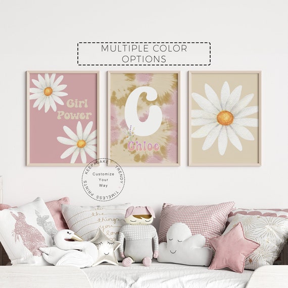 Daisy Flower Wall Art | Daisy Print Set of 3 | Baby Girl Nursery Print |Personalized Flower Print |Daisy Printable Wall Art |Pink Girl Decor