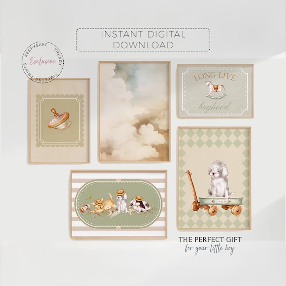 Vintage Animals Gallery Wall Set | Retro Boy Toys Wagon Dog Prints | Long Live Boyhood Print | New Baby Shower Gift | Lime Cream Room Decor