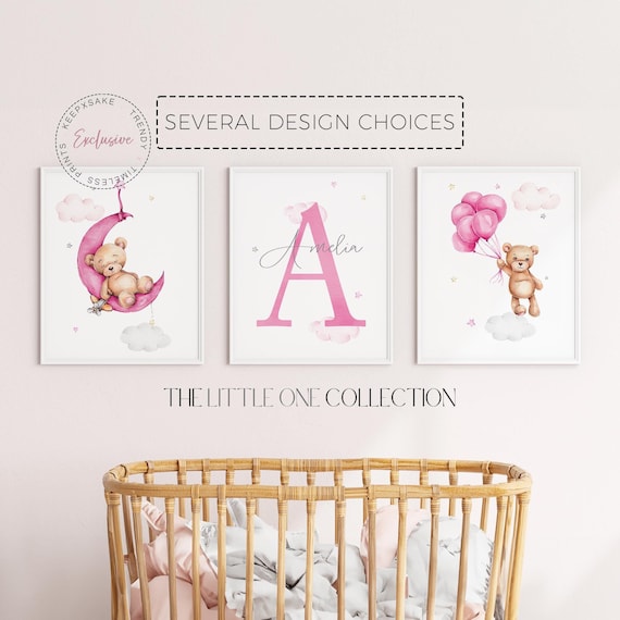 Set of 3 Teddy Bear Print | Personalized Name Print | Bear Nursery Decor | Baby Girl Print |Chic Raspberry Nursery |Moon Stars Nursery Decor