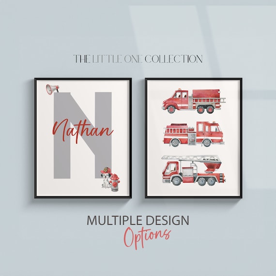 Fire Engine Prints Set of 2 | Fire Truck Prints | Personalized Boys Bedroom Prints | Boys Room Truck Prints | Boy Nursery Wall Decor