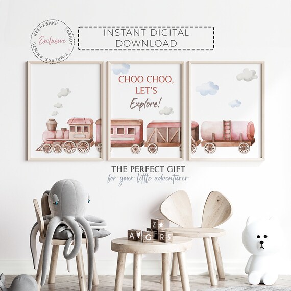 Train Nursery Prints | Watercolour Train Boy Room Wall Art | Train Bedroom Decor | Transport Vehicles | Toddler Boy Gift | Digital Download