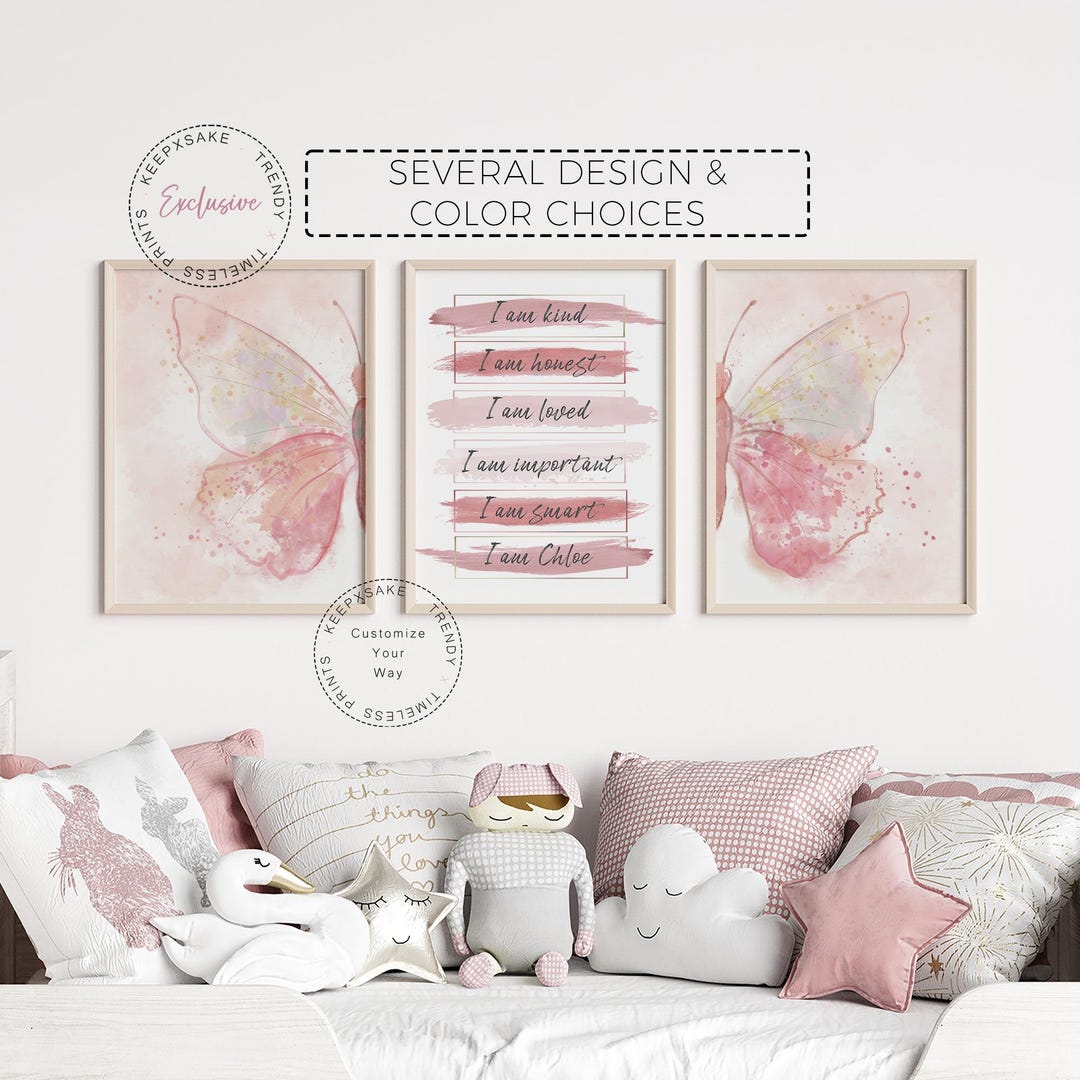 Dusty Rose Butterfly Affirmations Name Print Set of 3: Girls Room ...