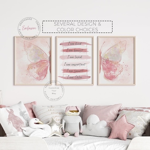 Butterfly Name Print, Set of 3 | Dusty Rose Butterfly Nursery | Girls Room Prints | Custom Motivational Girls Prints | Teen Positive Prints
