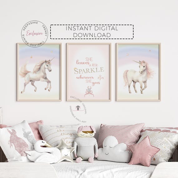 Unicorn Nursery Wall Art Set of 3 Printable | Girl Unicorn Decor | Sparkle Quote Nursery Art | Pastel Kids Room Digital Download