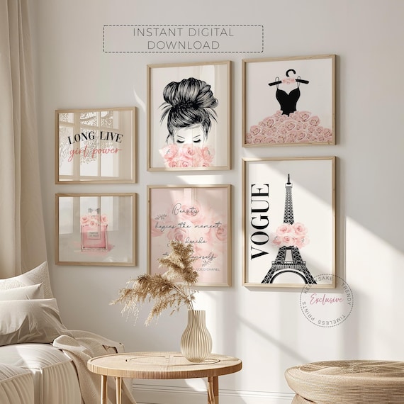 Teenage Girl Fashion Prints | Girl Bedroom Glam Gallery Wall Set | Perfume Roses Print | Blush Pink, Grey Girl Bedroom Decor | Eiffel Tower
