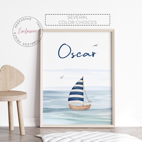 Nautical Name Nursery Print | Ocean Seagull Personalized Decor | Watercolor Ocean Sailboat Theme Nursery | Navy Blue Nursery | New Baby Gift