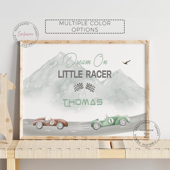 Racing Car Nursery Print | Boys Bedroom Personalized Decor |Blue Race Car Poster | Vintage Sage Green Car Mountain Road Print | Dream On Art