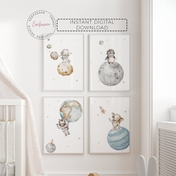 Space Animals Nursery Print, Set of 4 | Astronaut Animals Nursery Decor | Toddler Boy Outer Space Astronaut Room Decor | Digital Download