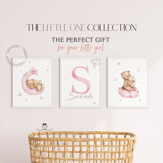 Teddy Bear Print | Set of 3 Bear Nursery Decor | Baby Name Initial Print | Baby Girl Nursery Wall Decor | Blush Pink Beige Nursery Prints