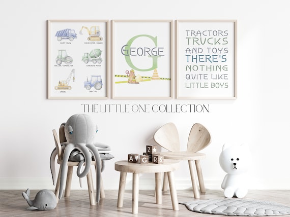 Construction Trucks Prints |  Truck Vehicles Posters | Blue Green Nursery Wall Decor | Boy Room Wall Art | Personalized Name Initial Print