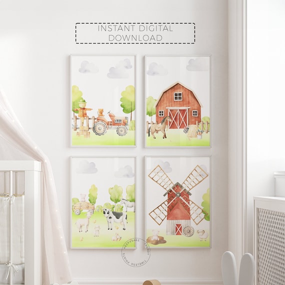 Farm Nursery Prints, Set of 4 | Farm Animal Printable Wall Art | Farm Decor | Farm Tractor Prints |Barn Yard Animal Prints |Digital Download