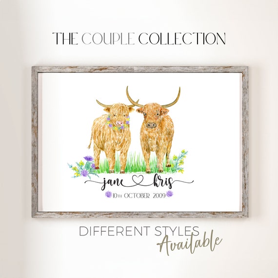 Highland Cow Couple Print | Custom Anniversary Gift | Personalized Highland Cow Print | Couple Anniversary Printable Art | Love Print