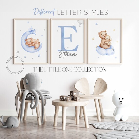 Teddy Bear Print | Set of 3 Bear Nursery Decor | Baby Name Initial Print | Baby Boy Nursery Wall Decor | Blue Nursery Prints | Grey Nursery