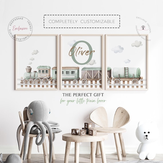 Sage Green Train Prints | Choo Choo Train Nursery Neutral Brown Decor | Baby Boy Name Train Print |Toddler Locomotive Bedroom Green Wall Art