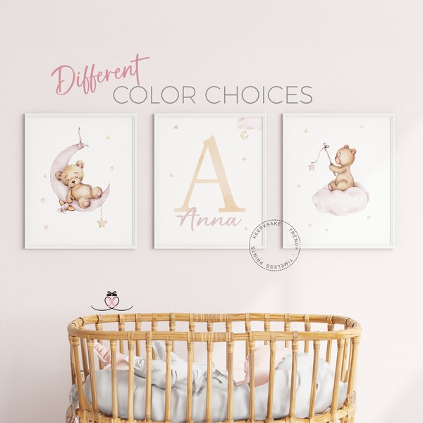 Teddy Bear Print | Personalized Bear Nursery Decor | Blush Pink Nursery Poster | Baby Girl Print | New Baby Gift |Balloon Nursery Wall Decor