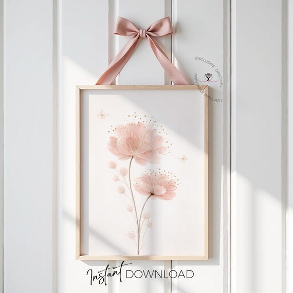 Blush Flower Nursery Wall Art, Pink Butterflies Printable, Baby Girl Nursery Decor, Soft Floral Wall Print, Girls Bedroom Art Download