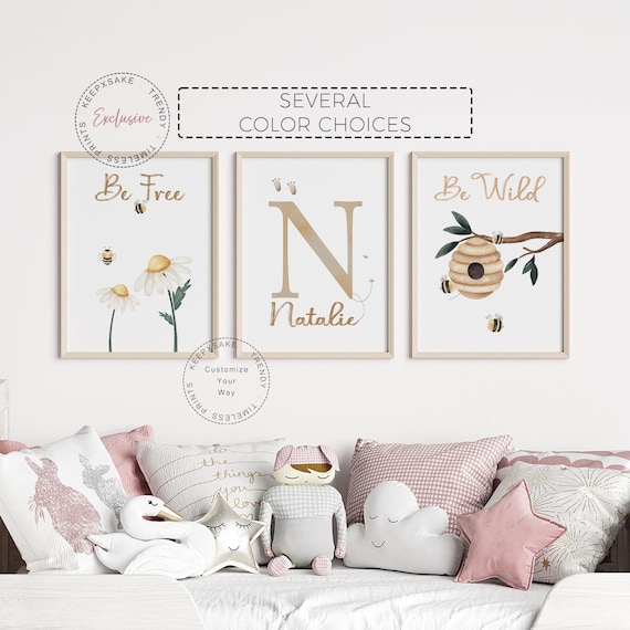 Daisy Nursery Print | Floral Girl Bedroom Art | Daisy and Bees Printable Wall Art | Daisy Print | Be Wild Be Free Prints | Girl Name Print
