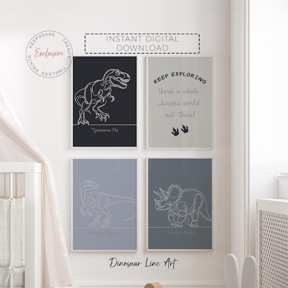 Dinosaur Prints, Set of 4 |Boys Bedroom Dinosaur Wall Art | Blue Tones Decor | Dinosaur Printables |Toddler Room Dino Prints |Positive Quote