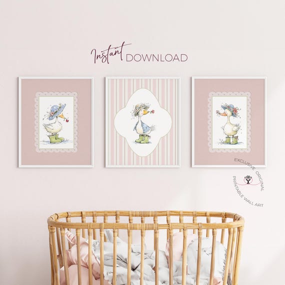 Vintage Ducklings in Green Rain Boots Nursery Art Set of 3 | Baby Girl Room Duck Decor | Blush Pink Cottagecore Baby Room Printable