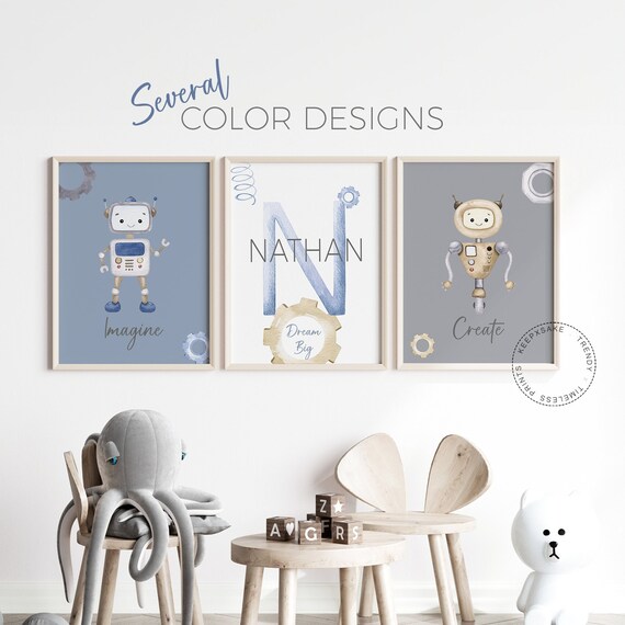 Robot Wall Art, Set of 3 | Robot Nursery Prints, Personalized | Robot Baby Boy Room Decor | Light Blue Nursery Decor | Baby Boy Gift