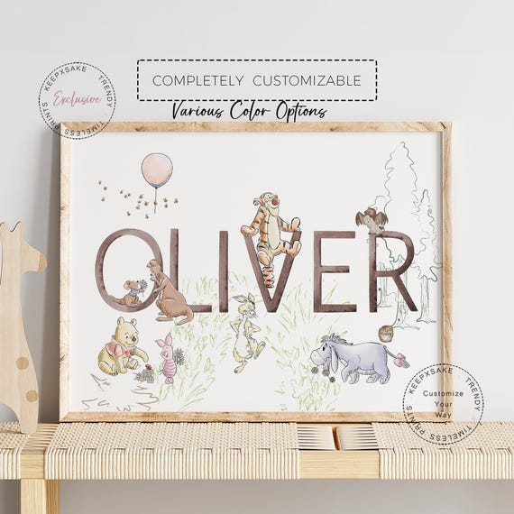 Winnie The Pooh Nursery Name Print | Pooh Nursery Decor | Pooh and Friends Personalized Name Print | New Baby Custom Gift | Pooh Baby Shower