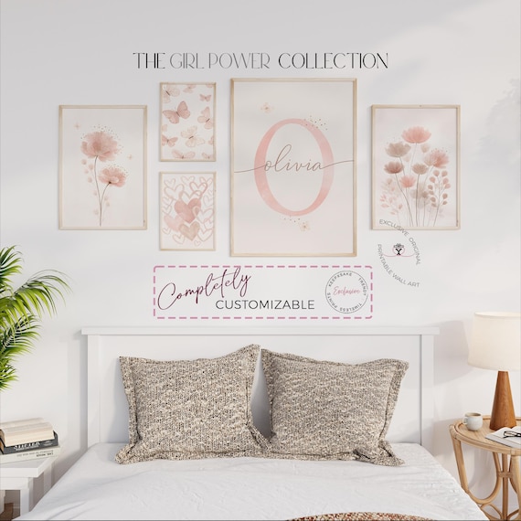 Boho Flowers and Hearts Personalized with Name Sign | Neutral Wall Art Girl Bedroom Decor | Blush Pink Botanical Butterfly Nursery Set of 5