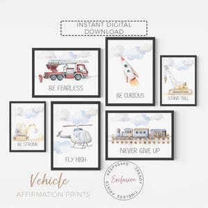 May include: A collection of six framed prints with vehicle illustrations and motivational phrases. The images include a fire engine, rocket, and train, all in watercolour style. Each print is set within a black frame.