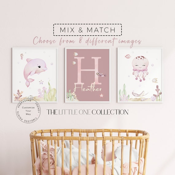 Sea Animal Girl Nursery Prints | Under the Sea Wall Art  | Personalized Ocean Animal Posters | Girl Nursery Ocean Decor | Baby Girl Gift