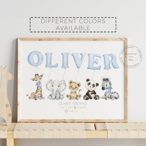 Animal Safari Balloon Personalized Name Birth Print | Nursery Birth Sign | Baby Boy Birth Stats Print | New Baby Gift | Christening Gift