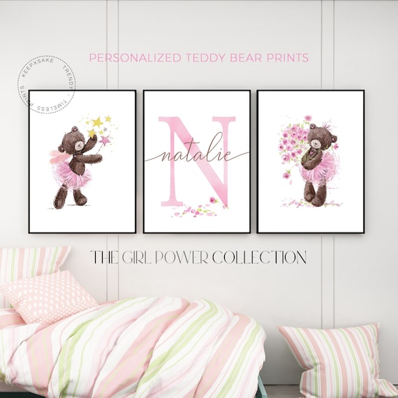 Ballerina Teddy Bear Wall Art | Teddy Bear Nursery Decor | Ballet Nursery Wall Art | Personalized Ballet Girl Bedroom Prints | Bear Decor