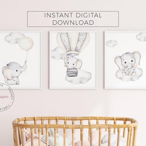 Elephant Nursery Prints, Set of 3 | Neutral Nursery Decor | Cute Elephant Poster | New Baby Gift | Baby Elephant Nursery| Digital Download