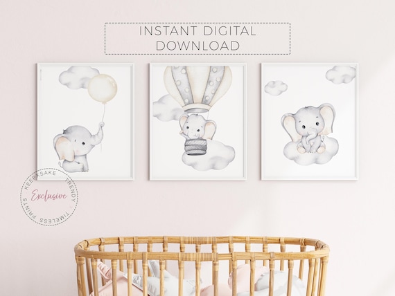 Elephant Nursery Prints, Set of 3 | Neutral Nursery Decor | Cute Elephant Poster | New Baby Gift | Baby Elephant Nursery| Digital Download