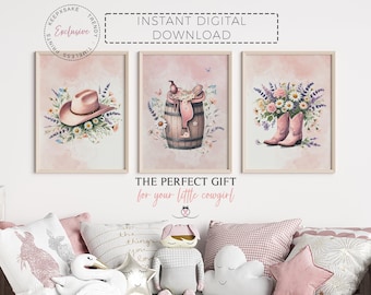Cowgirl Wildblumen Drucke: Pinke Western Mädchen Schlafzimmer druckbare Kunst | Cowgirl Stiefel und Sattel-Hut-Trio