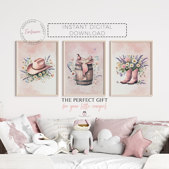 Cowgirl Wildflowers Nursery Prints | Pink Western Nursery Wall Art | Cowgirl Boots Saddle Floral Decor | Girls Wild West Rodeo Horse Decor