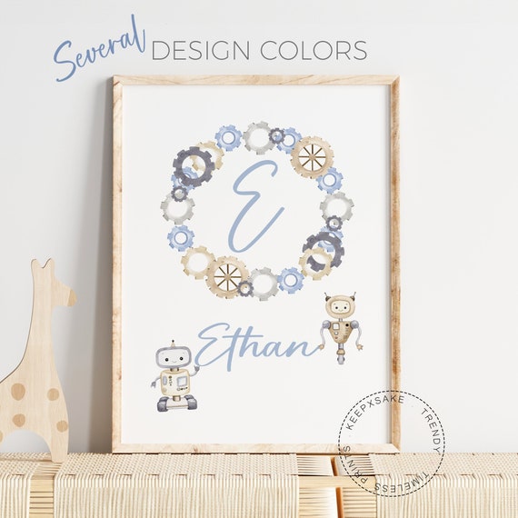 Robot Wall Art | Personalized Robot Nursery | Baby Initial Name Print | Robot Baby Boy Room Decor | Light Blue Nursery Decor | Baby Boy Gift