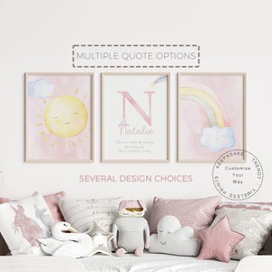 Impresiones personalizadas del dormitorio de la niña del sol del arco iris / Arte de la pared imprimible de la cita del sol / Decoración de la guardería rosa rubor / Decoración de la habitación del niño del arco iris