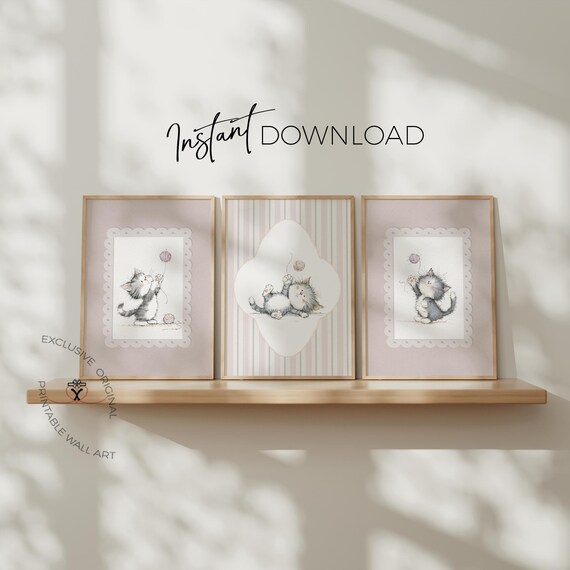 Blush Pink Kitten Nursery Wall Art Set, Cottagecore Baby Girl Room Decor, Cute Cat Printable, Vintage Style Nursery Prints