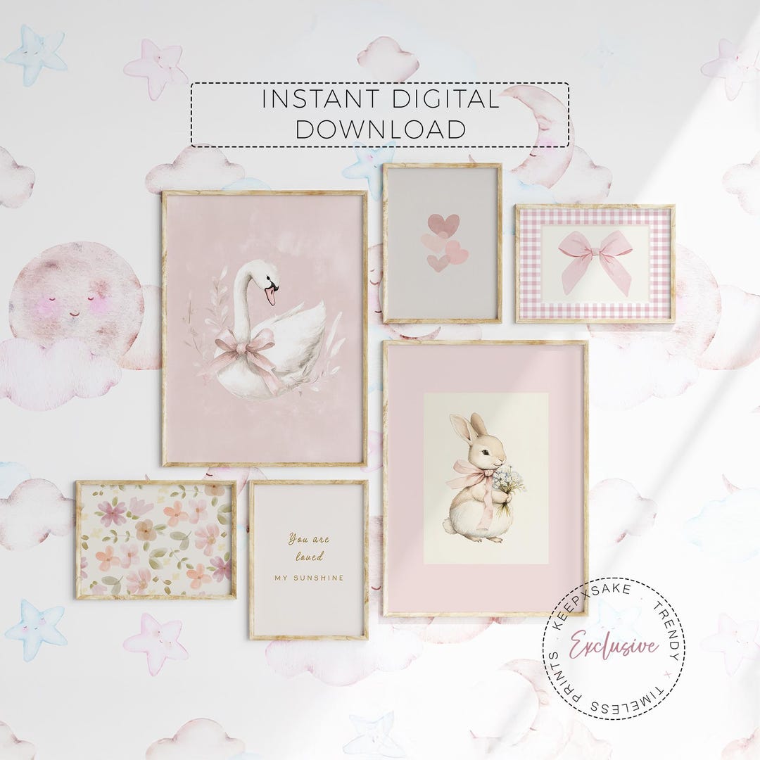 Dusty Pink Nursery Gallery Wall Art Set of 6: Swan, Bunny, Floral ...