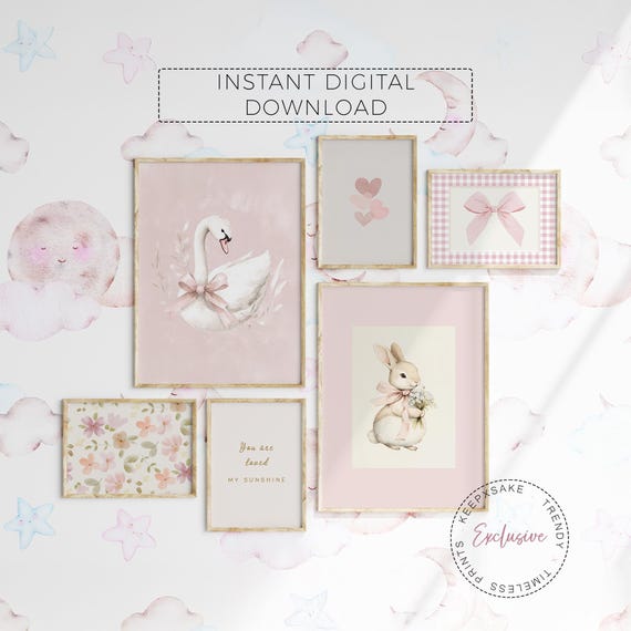 Pink Nursery Gallery Wall Set Set of 6 | Swan Vintage Room Decor | Girls Floral Gallery Art |Bunny Nursery Print |Antique Printable Wall Set