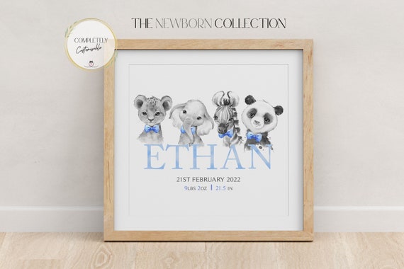 Safari Animals Personalized Baby Boy Nursery Print | Birth Details Custom Print | New Baby Personalised Boy Gift Wall Art | Animals Print