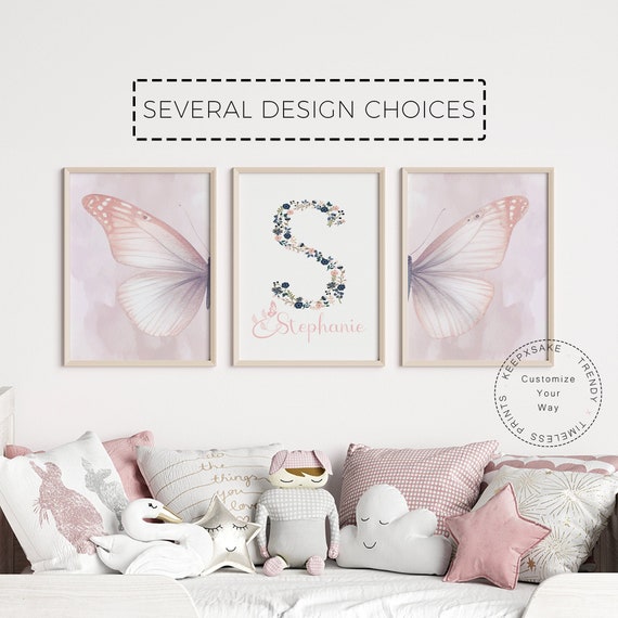 Girls Floral Butterfly Print | Set of 3 Pink Butterfly Wall Art |Teen Bedroom Prints |Blush Pink Floral Name Print |Girls Printable Wall Art