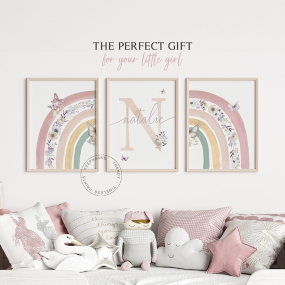 Rainbow Butterfly Prints Set of 3 | Floral Nursery Wall Art | Teen Rainbow Bedroom Wall Art | Boho Nursery Decor | Girl Name Initial Print