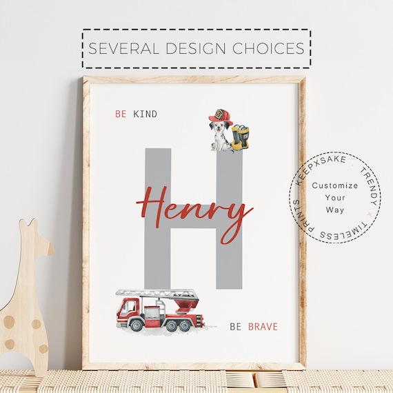 Rescue Vehicle Fire Truck Name Initial Print | Boys Vehicle Personalized Print | Watercolor Fire Truck Nursery Decor | Boys Bedroom Wall Art