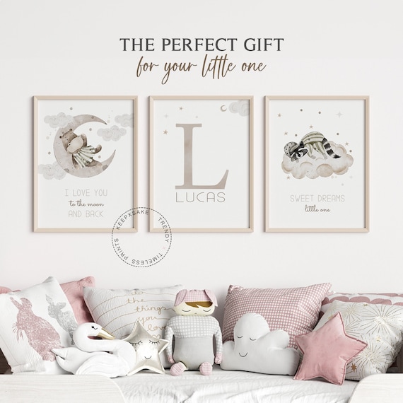 Moon Stars Cloud Prints, Set of 3 | Neutral Nursery Print |Personalized Nursery Wall Decor |Baby Boy Print |Gray Nursery Decor |Sweet Dreams