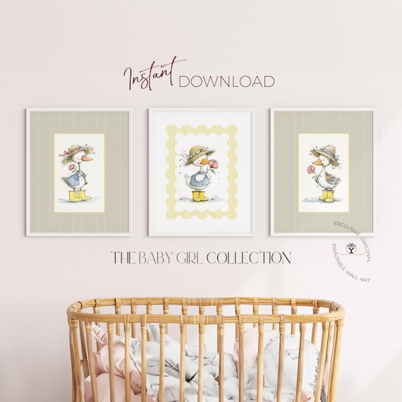 Vintage Ducklings in Yellow Rain Boots Nursery Art Set of 3 | Baby Girl Duck Nursery Neutral Decor | Cottagecore Ducks Baby Room Prints