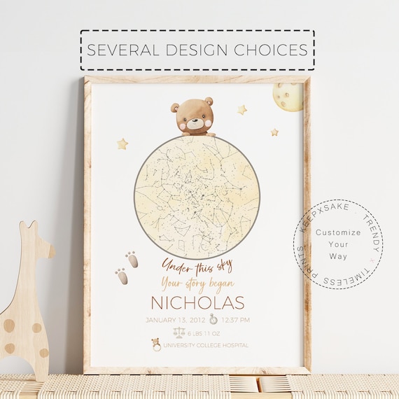 Star Map New Baby Gift | New Baby Personalized Gift | Night You Were Born Canvas | Baby Custom Sky Nursery Print | Teddy Bear Nursery Decor