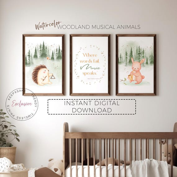 Woodland Musical Animal Nursery Prints | Watercolor Forest Nursery Decor | Animals Playing Instruments Printable Wall Art | Digital Download